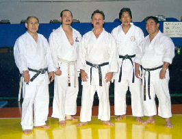 L-R: Murayama Kunio (Shitokai-Mexico), 7th Dan; Nishimura Seiji (Wadokai-Japan), 7th Dan; Moledzki Sam (Shitokai-Canada), 6th Dan; Miki Minobu (Seitoshitoryu-USA), 8th Dan; Demura Fumio (JKF Itosu-Kai-USA), 8th Dan.