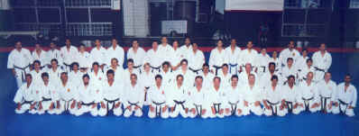 IWATA GENZO SENSEI'S KATA SEMINAR PARTICIPANTS...  FRONT: Iwata Genzo sensei 7th from left; Guido Abdalla (Guatemala) 6th from left; Moledzki sensei (Canada) 9th from right; Ken Desjardins (Canada) 8th from right; Pronovost sensei (Canada) 6th from right; Brian Jarvis (England) 1st from right; Stephen Bollard (England) 2nd from right; Phillip Powell (England) 3rd from right.  MIDDLE : Nigel Nikolaisen (Canada) 6th from left; Katarina Vadovicova-Tarana (Canada) 7th from left; Rabino sensei (USA) 3rd from right; Mike Axten (Canada) 4th from right.  BACK : Joe Blake (Canada) 11th from left.